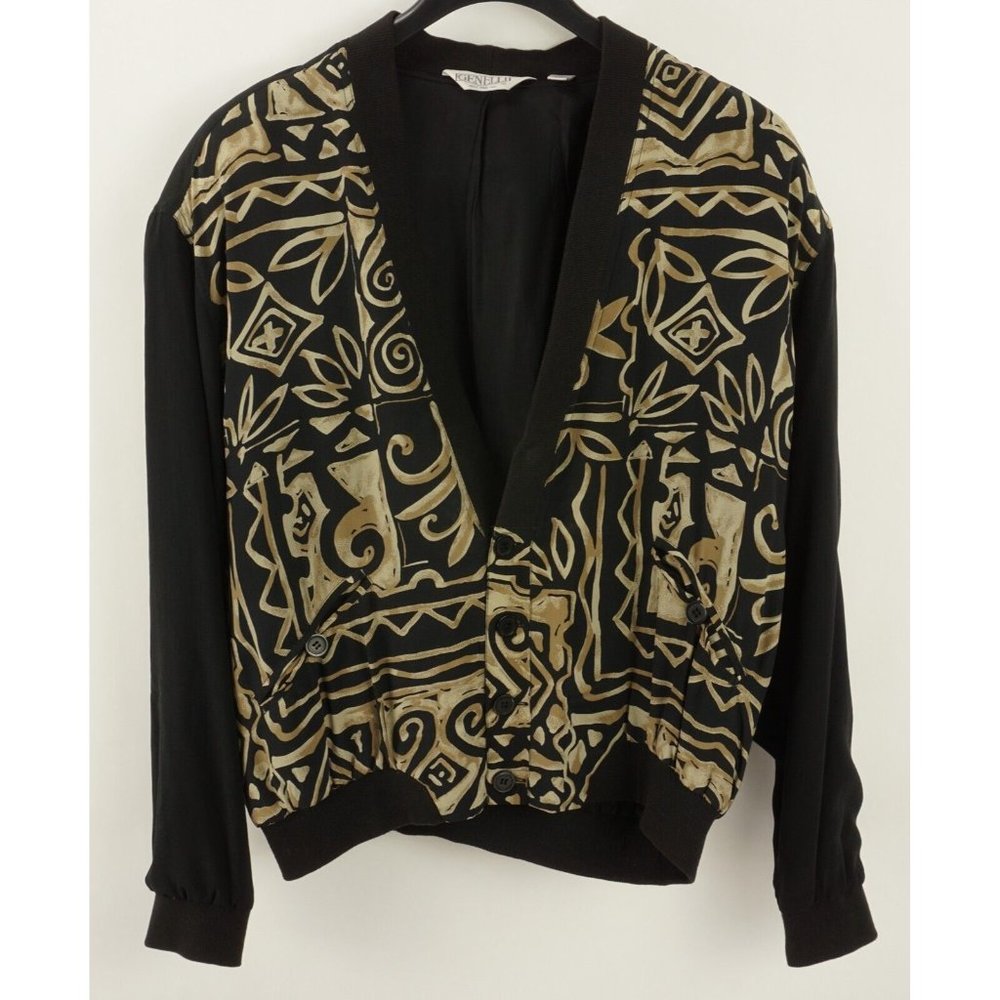 Vintage‎ Genelli 100% Silk Men's XL Black Retro Geometric Floral Satin Cardigan